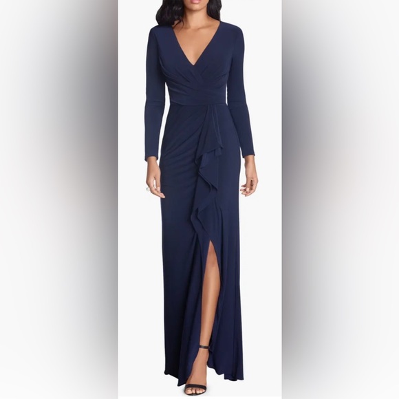 Betsy & Adam Dresses & Skirts - Betsy & Adam Navy Blue Floor Length Ruffled V-neck Gown Stretch Jersey Size 6